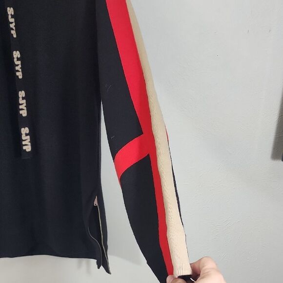SJYP Black Hoodie with Red and Tan Accents Cashmere Wool Mix Long Sleeve Size L - Picture 6 of 7